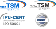 Logo DVGW TSM geprüft / Logo IFU-CERT / Logo VDE TSM geprüft